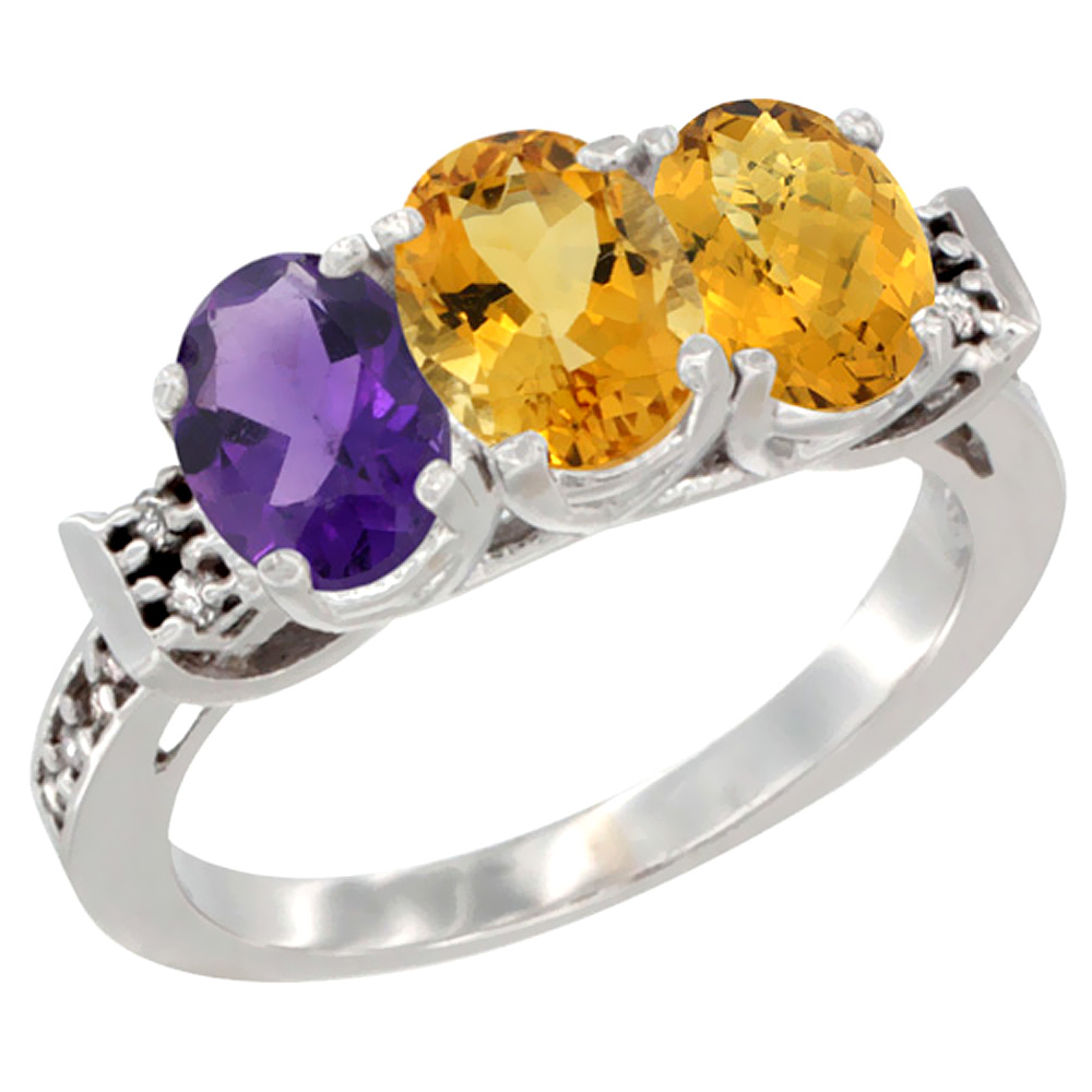 14K White Gold Natural Amethyst, Citrine & Whisky Quartz Ring 3-Stone 7x5 mm Oval Diamond Accent, sizes 5 - 10