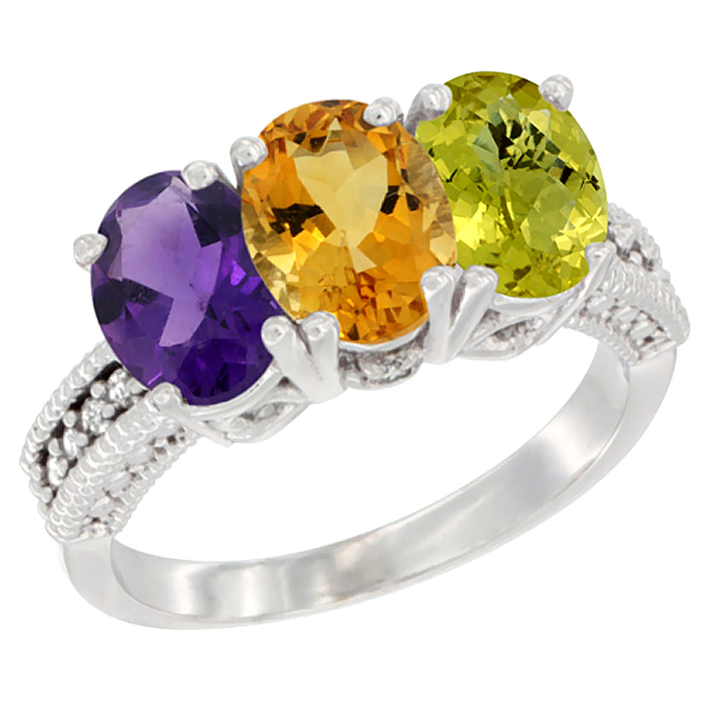 14K White Gold Natural Amethyst, Citrine & Lemon Quartz Ring 3-Stone 7x5 mm Oval Diamond Accent, sizes 5 - 10