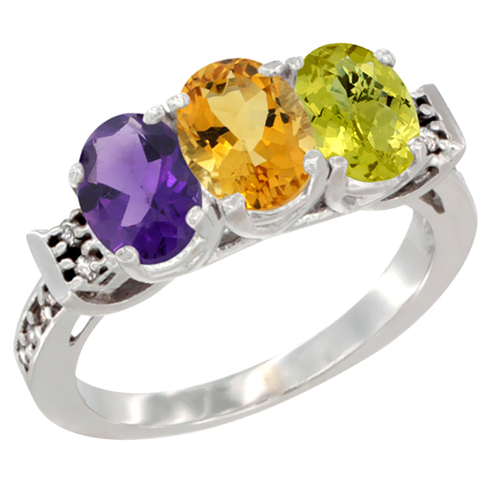 14K White Gold Natural Amethyst, Citrine & Lemon Quartz Ring 3-Stone 7x5 mm Oval Diamond Accent, sizes 5 - 10