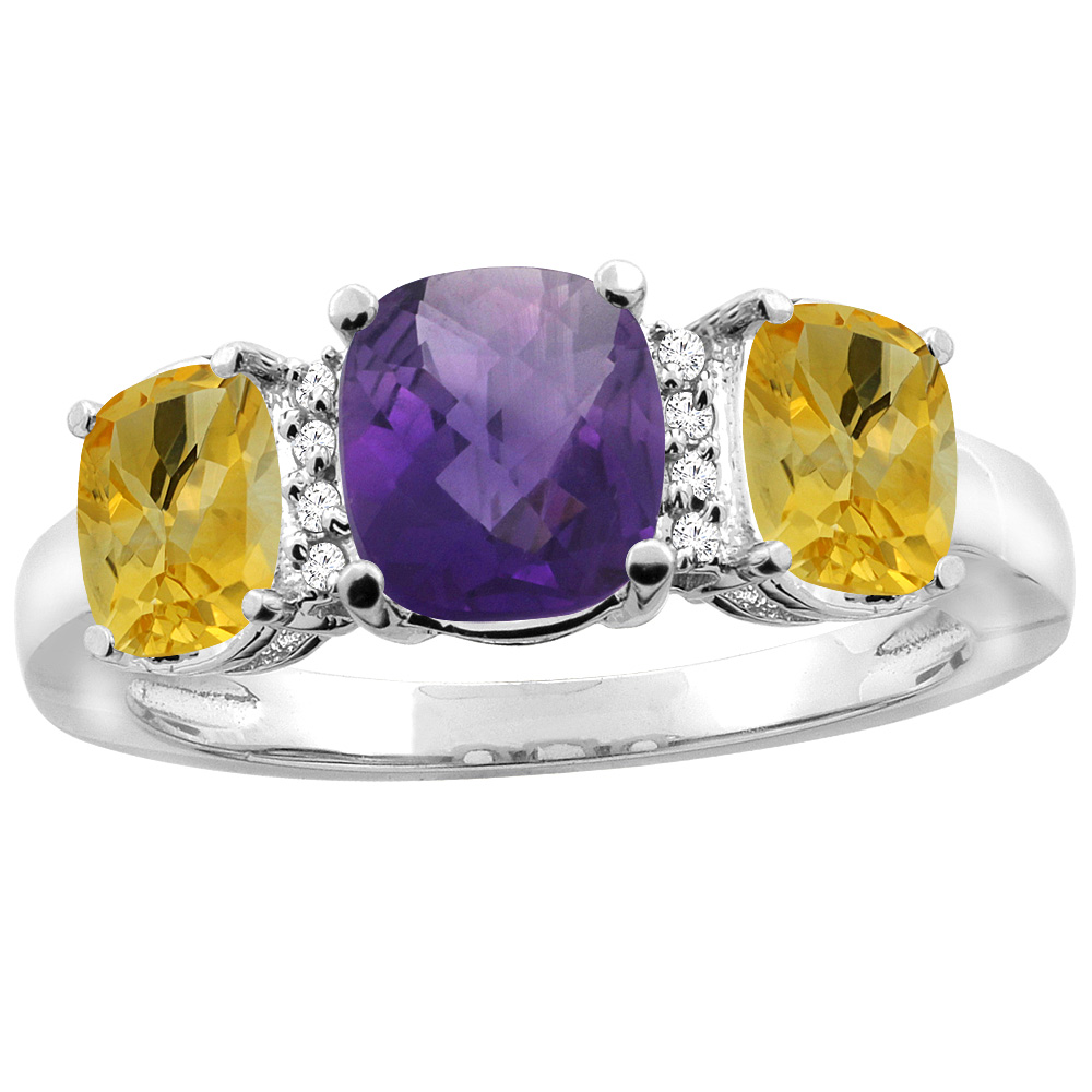 14K White Gold Natural Amethyst & Citrine 3-stone Ring Cushion 8x6mm Diamond Accent, sizes 5 - 10