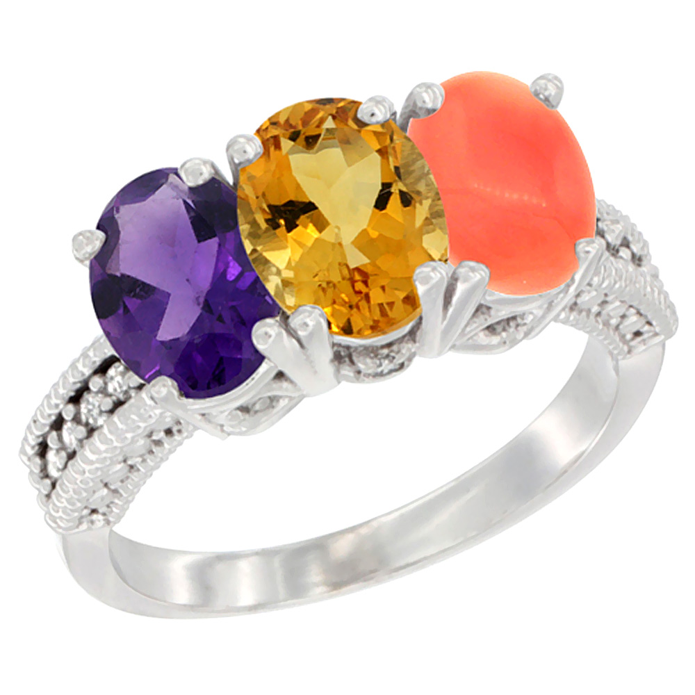 14K White Gold Natural Amethyst, Citrine &amp; Coral Ring 3-Stone 7x5 mm Oval Diamond Accent, sizes 5 - 10