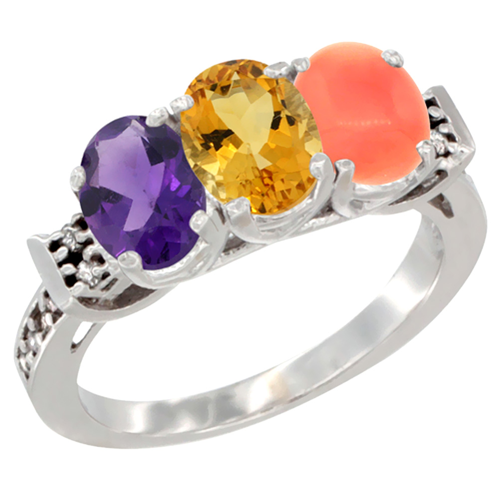 10K White Gold Natural Amethyst, Citrine & Coral Ring 3-Stone Oval 7x5 mm Diamond Accent, sizes 5 - 10