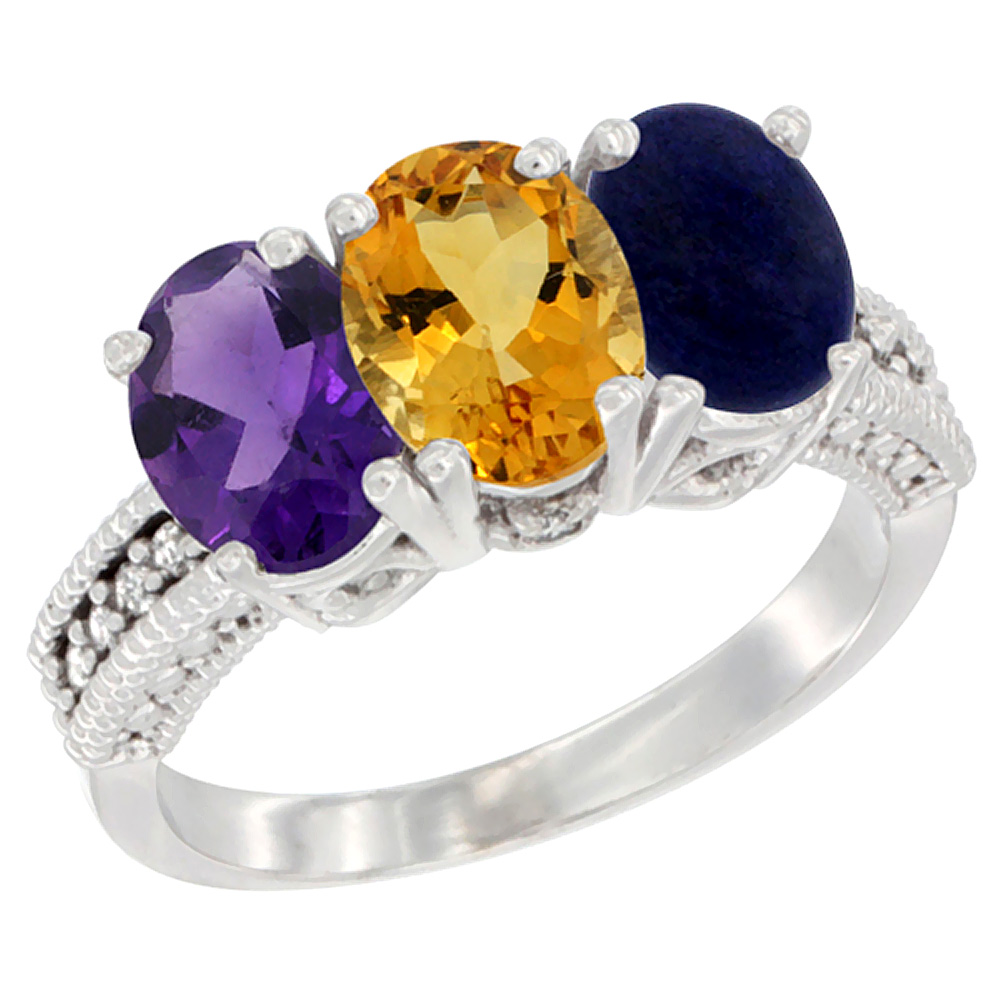 14K White Gold Natural Amethyst, Citrine & Lapis Ring 3-Stone 7x5 mm Oval Diamond Accent, sizes 5 - 10