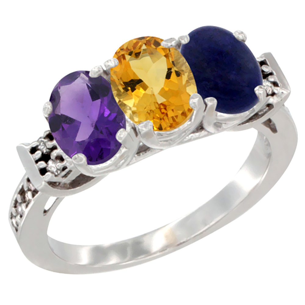 10K White Gold Natural Amethyst, Citrine & Lapis Ring 3-Stone Oval 7x5 mm Diamond Accent, sizes 5 - 10