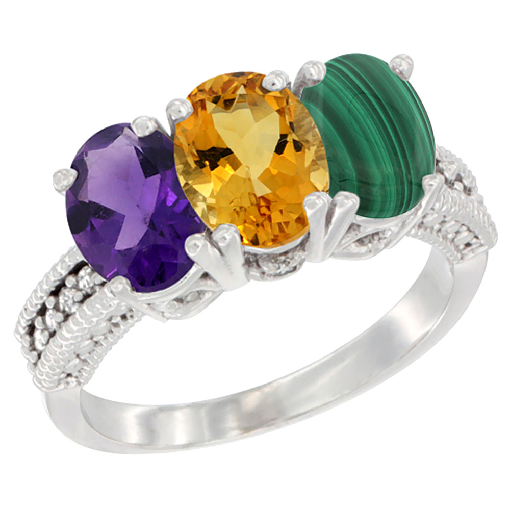 14K White Gold Natural Amethyst, Citrine & Malachite Ring 3-Stone 7x5 mm Oval Diamond Accent, sizes 5 - 10