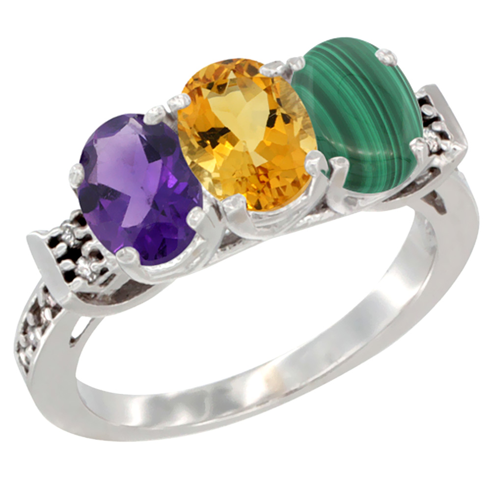 14K White Gold Natural Amethyst, Citrine & Malachite Ring 3-Stone 7x5 mm Oval Diamond Accent, sizes 5 - 10