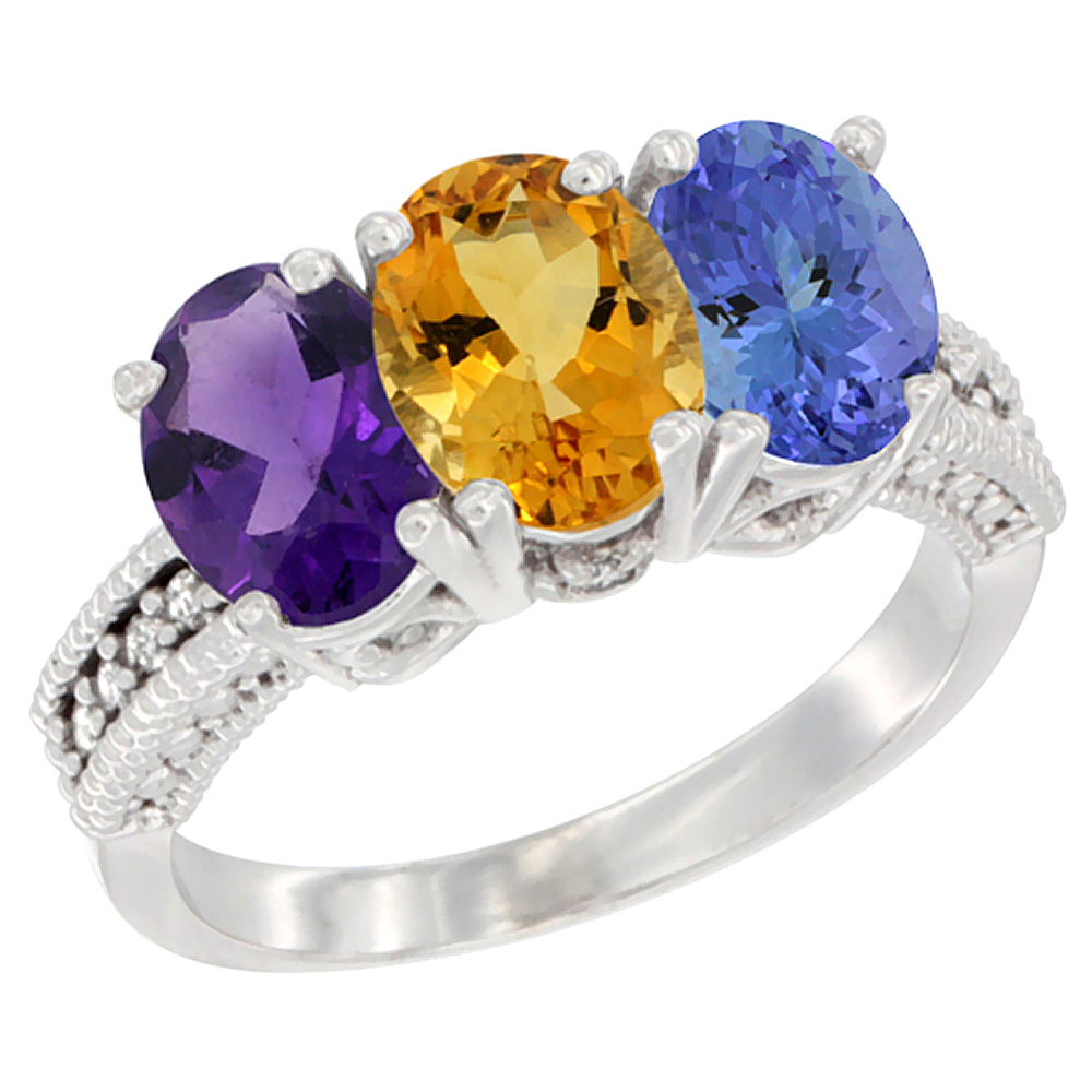 14K White Gold Natural Amethyst, Citrine & Tanzanite Ring 3-Stone 7x5 mm Oval Diamond Accent, sizes 5 - 10