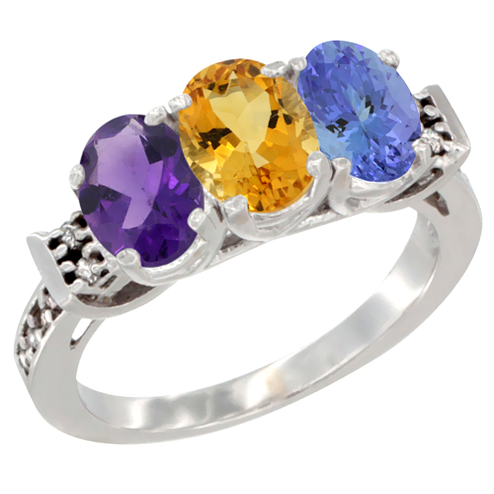 14K White Gold Natural Amethyst, Citrine & Tanzanite Ring 3-Stone 7x5 mm Oval Diamond Accent, sizes 5 - 10