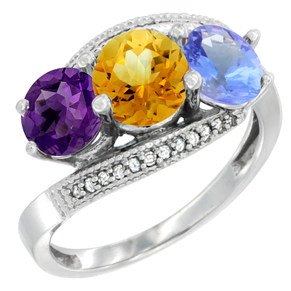 10K White Gold Natural Amethyst, Citrine & Tanzanite 3 stone Ring Round 6mm Diamond Accent, sizes 5 - 10