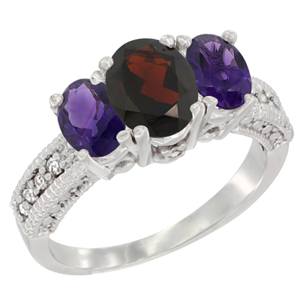 14K White Gold Diamond Natural Garnet Ring Oval 3-stone with Amethyst, sizes 5 - 10