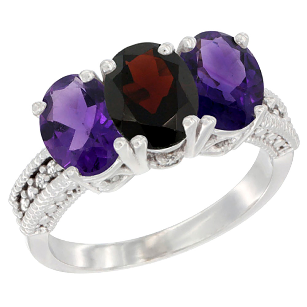 14K White Gold Natural Garnet & Amethyst Ring 3-Stone 7x5 mm Oval Diamond Accent, sizes 5 - 10