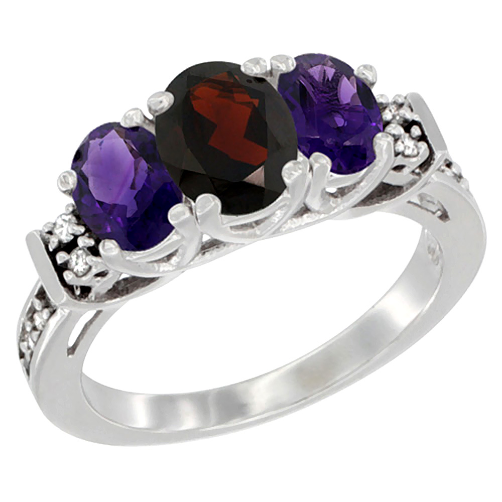 14K White Gold Natural Garnet & Amethyst Ring 3-Stone Oval Diamond Accent, sizes 5-10