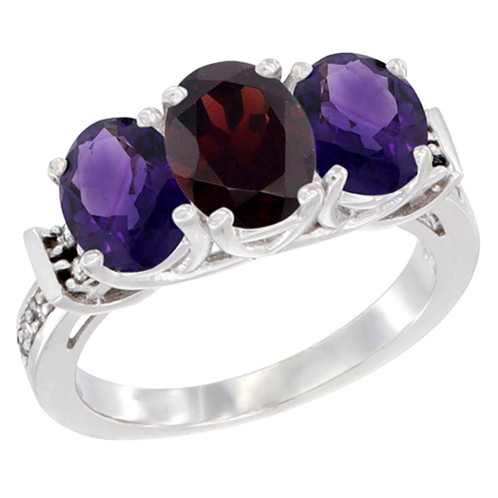 14K White Gold Natural Garnet & Amethyst Sides Ring 3-Stone Oval Diamond Accent, sizes 5 - 10