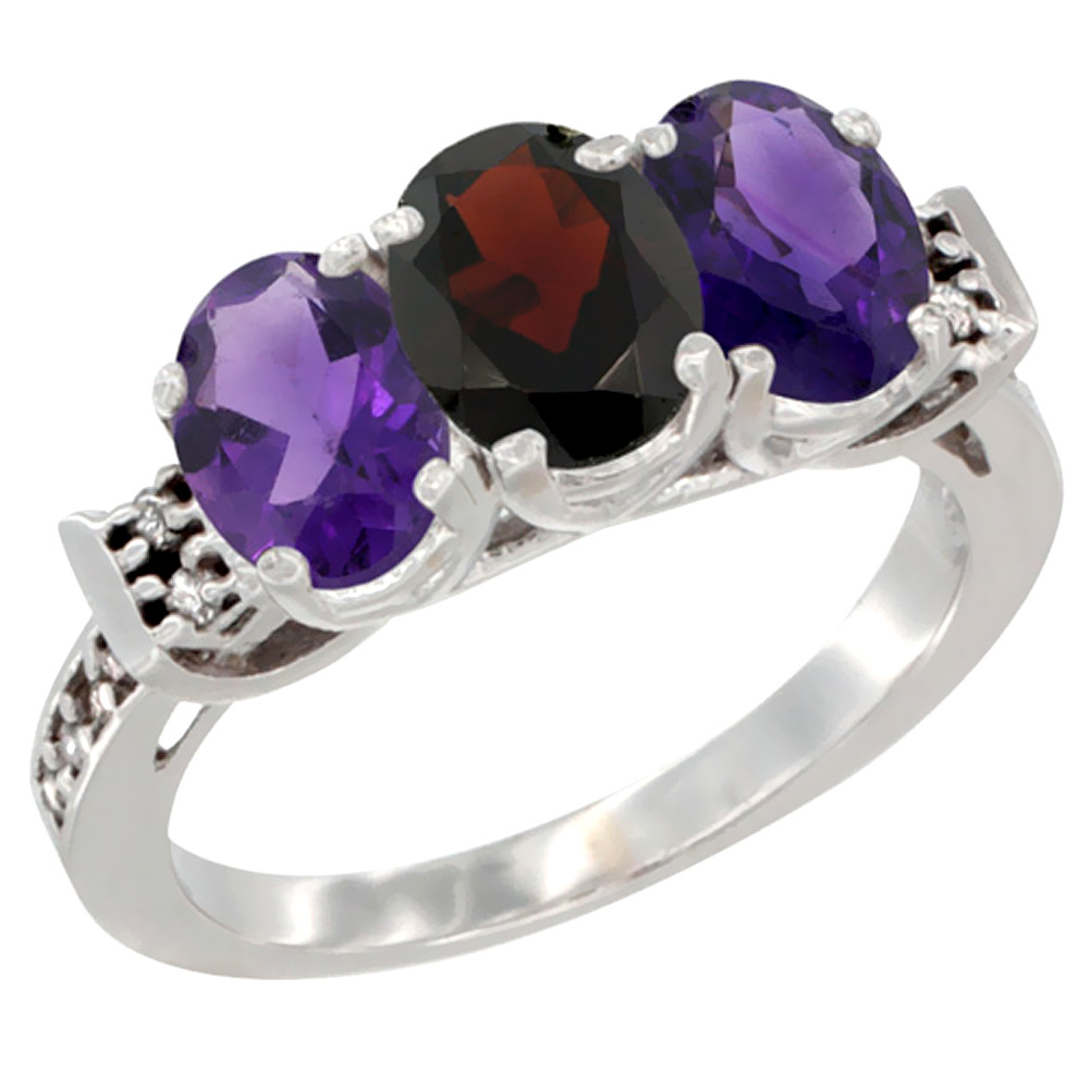 14K White Gold Natural Garnet & Amethyst Sides Ring 3-Stone 7x5 mm Oval Diamond Accent, sizes 5 - 10
