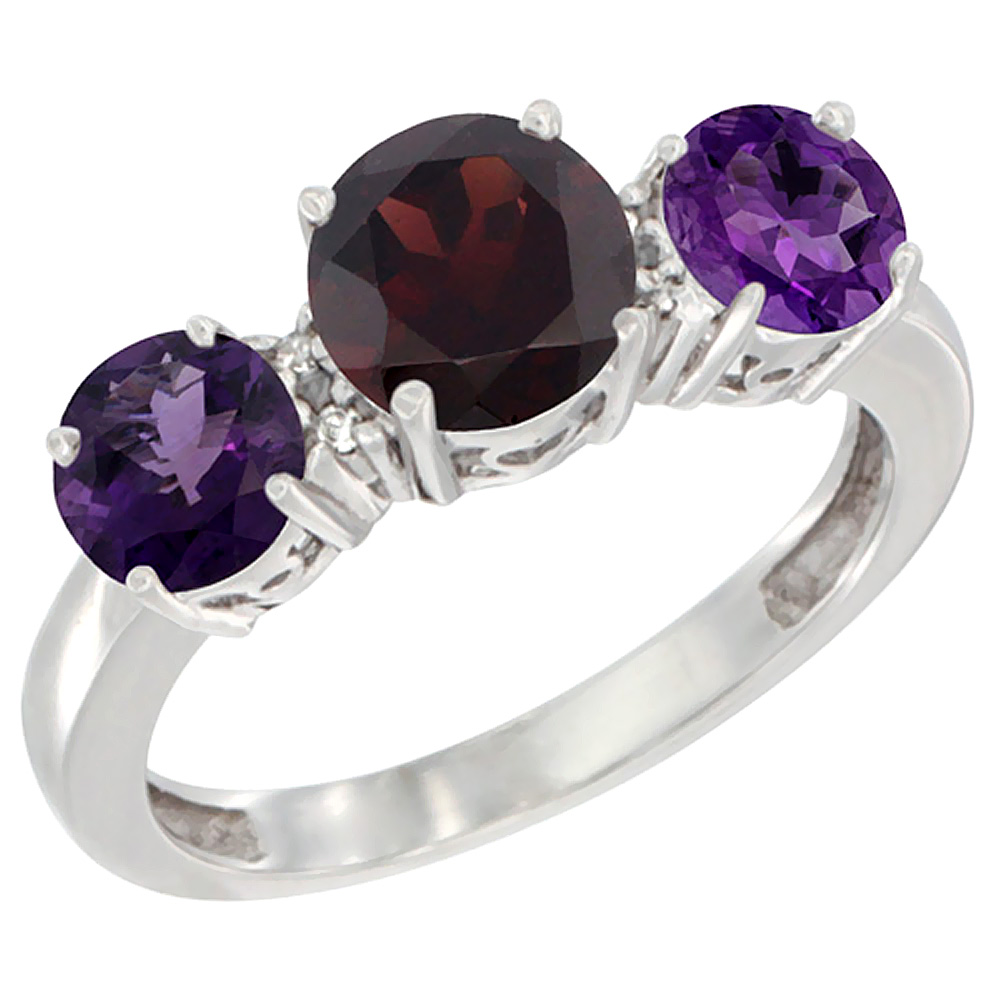 10K White Gold Round 3-Stone Natural Garnet Ring &amp; Amethyst Sides Diamond Accent, sizes 5 - 10