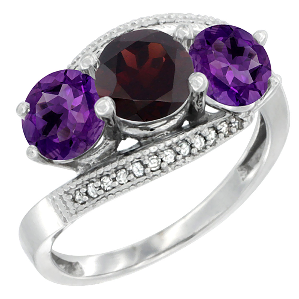 14K White Gold Natural Garnet & Amethyst Sides 3 stone Ring Round 6mm Diamond Accent, sizes 5 - 10