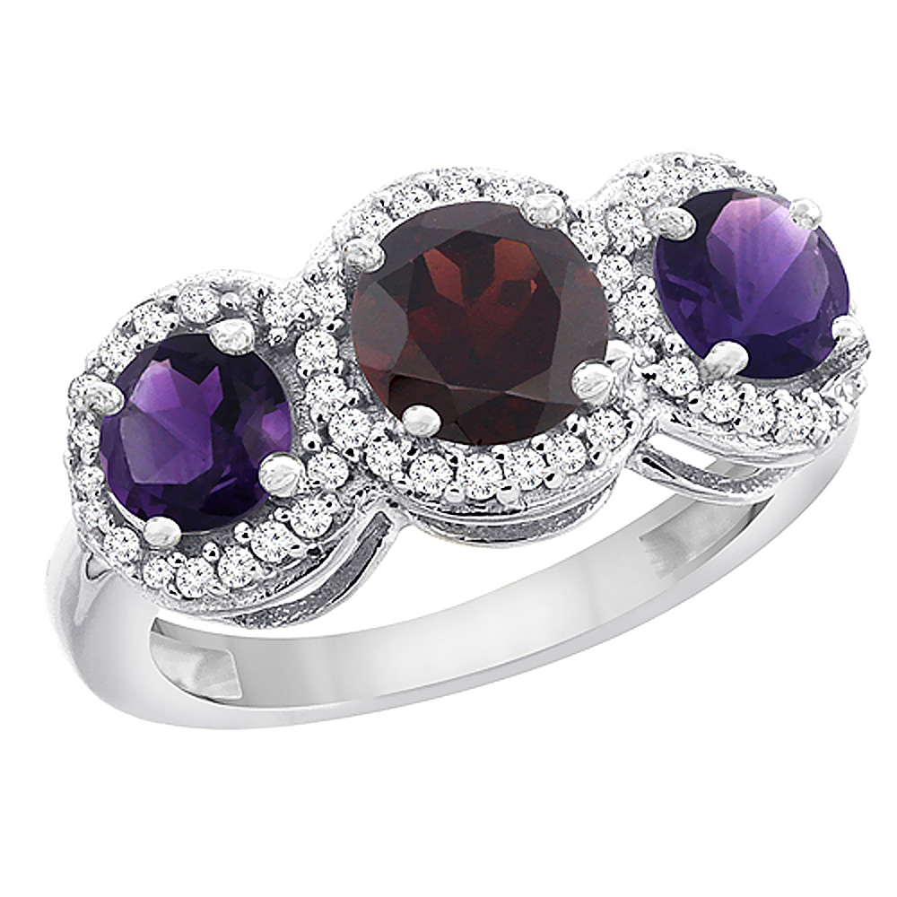 10K White Gold Natural Garnet & Amethyst Sides Round 3-stone Ring Diamond Accents, sizes 5 - 10