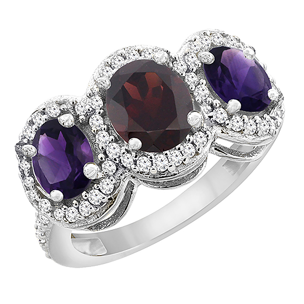 14K White Gold Natural Garnet &amp; Amethyst 3-Stone Ring Oval Diamond Accent, sizes 5 - 10