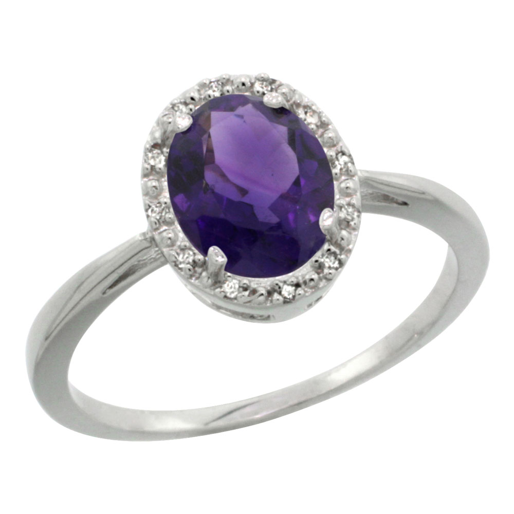 14K White Gold Natural Amethyst Diamond Halo Ring Oval 8X6mm, sizes 5-10