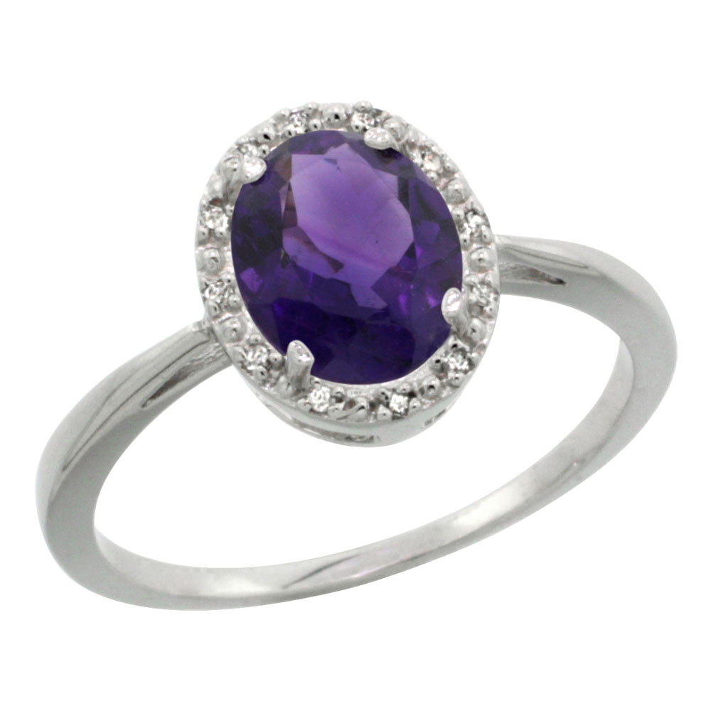 10K White Gold Diamond Halo Genuine Amethyst Ring Oval 8X6mm sizes 5-10