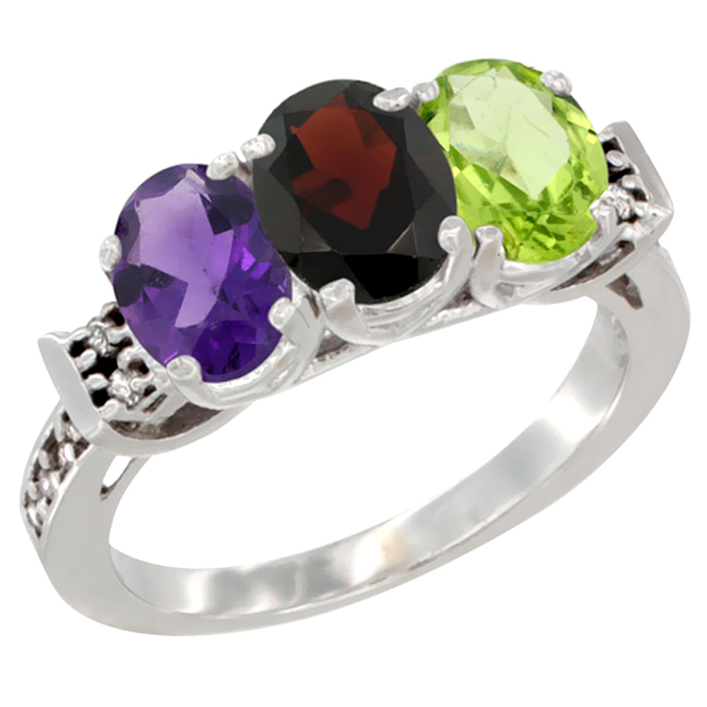 10K White Gold Natural Amethyst, Garnet & Peridot Ring 3-Stone Oval 7x5 mm Diamond Accent, sizes 5 - 10