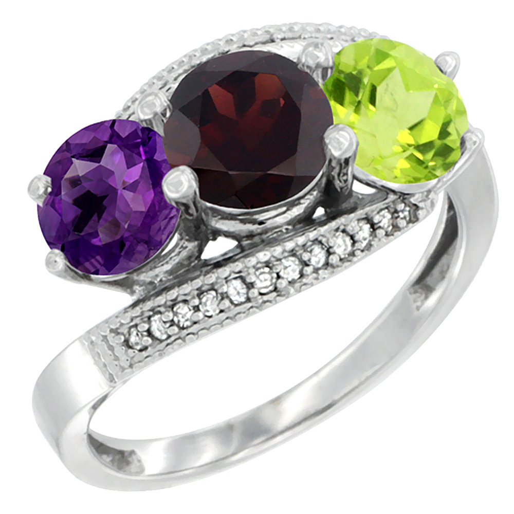 14K White Gold Natural Amethyst, Garnet & Peridot 3 stone Ring Round 6mm Diamond Accent, sizes 5 - 10