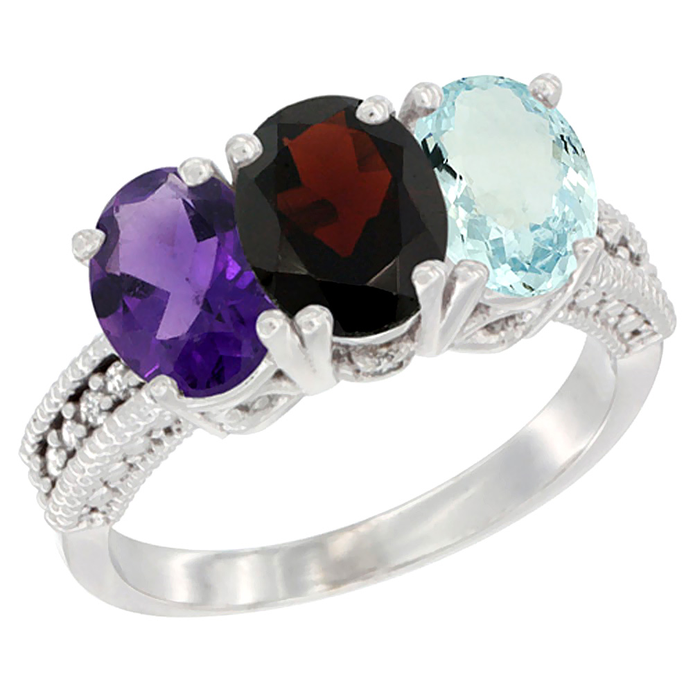 10K White Gold Natural Amethyst, Garnet & Aquamarine Ring 3-Stone Oval 7x5 mm Diamond Accent, sizes 5 - 10