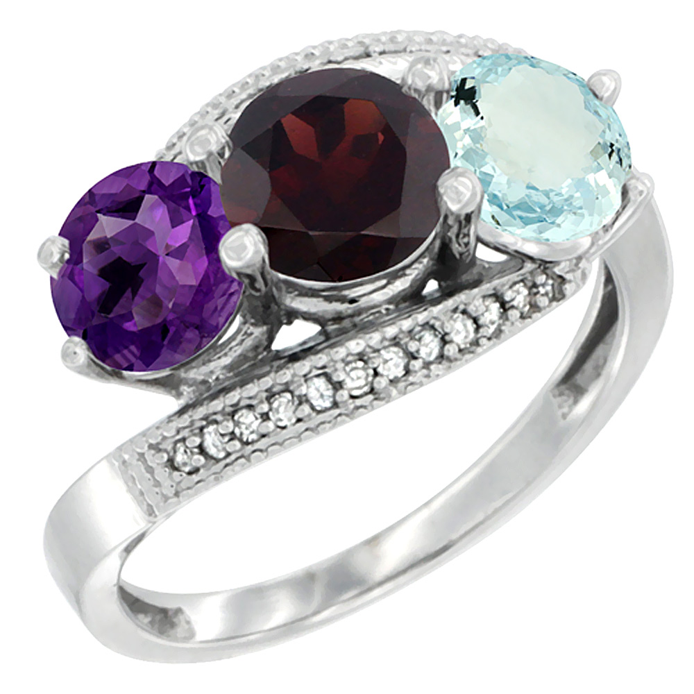 14K White Gold Natural Amethyst, Garnet &amp; Aquamarine 3 stone Ring Round 6mm Diamond Accent, sizes 5 - 10