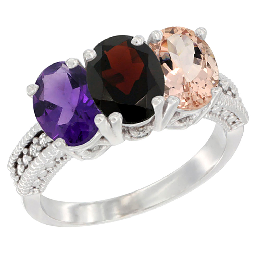 10K White Gold Natural Amethyst, Garnet &amp; Morganite Ring 3-Stone Oval 7x5 mm Diamond Accent, sizes 5 - 10