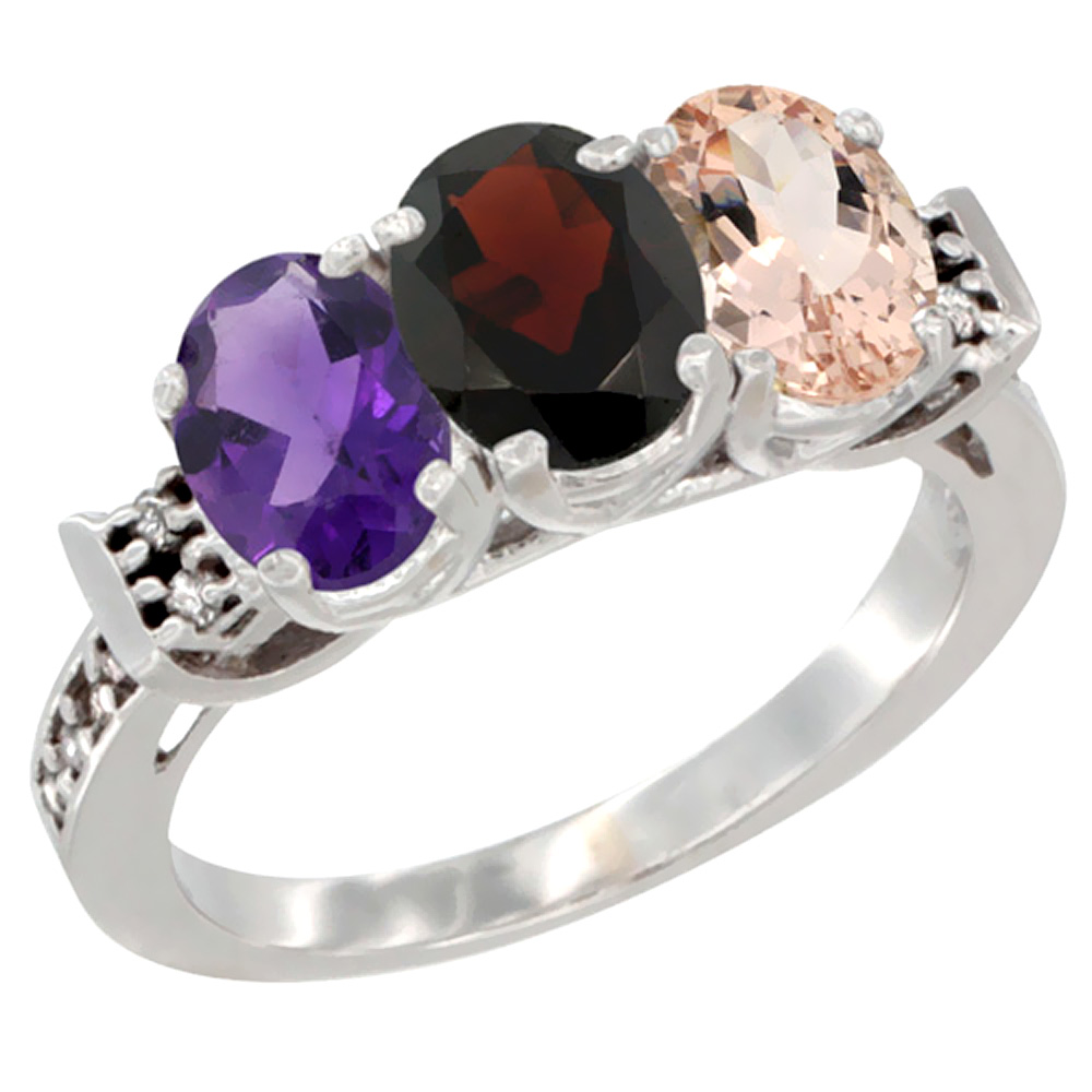 14K White Gold Natural Amethyst, Garnet &amp; Morganite Ring 3-Stone 7x5 mm Oval Diamond Accent, sizes 5 - 10