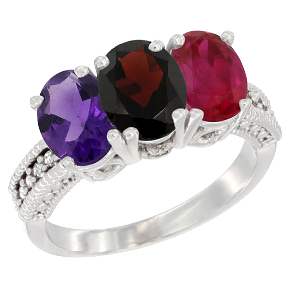 10K White Gold Natural Amethyst, Garnet &amp; Enhanced Ruby Ring 3-Stone Oval 7x5 mm Diamond Accent, sizes 5 - 10