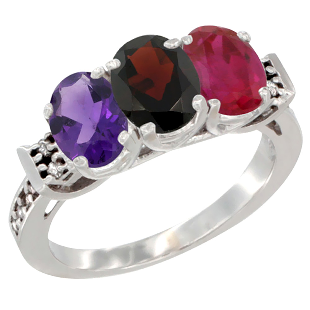 14K White Gold Natural Amethyst, Garnet & Enhanced Ruby Ring 3-Stone 7x5 mm Oval Diamond Accent, sizes 5 - 10