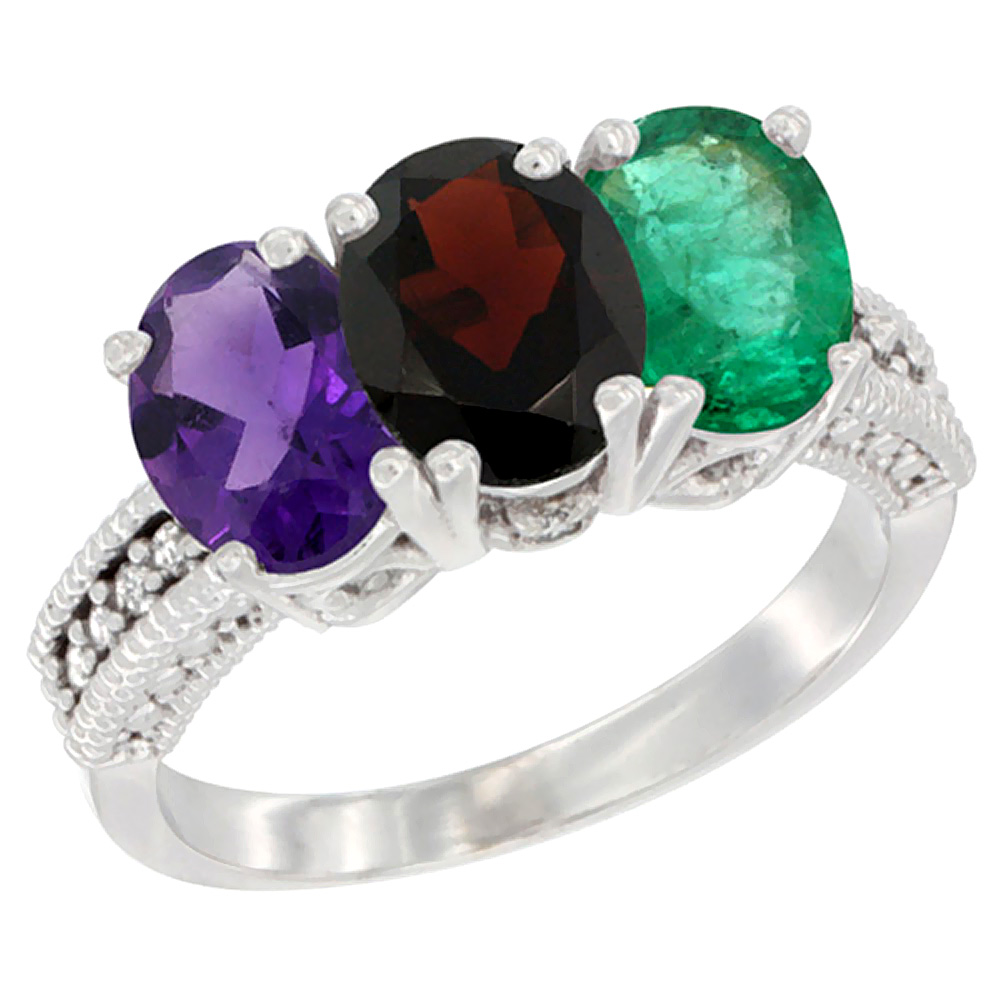 14K White Gold Natural Amethyst, Garnet &amp; Emerald Ring 3-Stone 7x5 mm Oval Diamond Accent, sizes 5 - 10