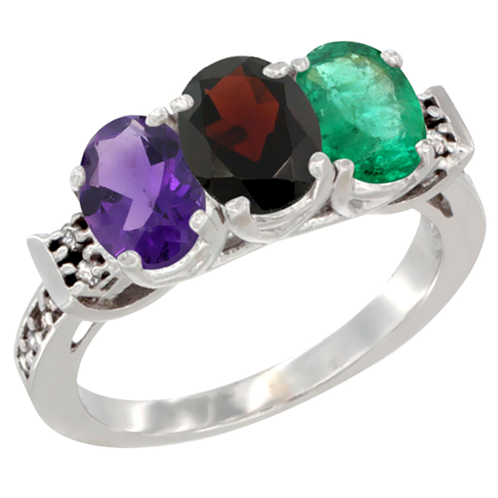 10K White Gold Natural Amethyst, Garnet &amp; Emerald Ring 3-Stone Oval 7x5 mm Diamond Accent, sizes 5 - 10