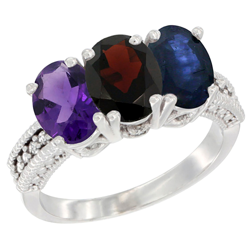 10K White Gold Natural Amethyst, Garnet &amp; Blue Sapphire Ring 3-Stone Oval 7x5 mm Diamond Accent, sizes 5 - 10