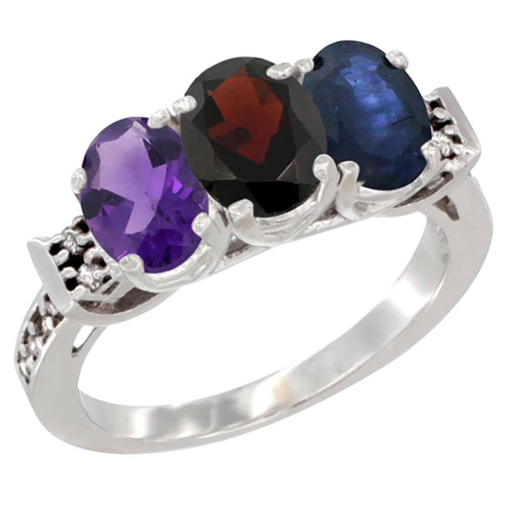 14K White Gold Natural Amethyst, Garnet &amp; Blue Sapphire Ring 3-Stone 7x5 mm Oval Diamond Accent, sizes 5 - 10