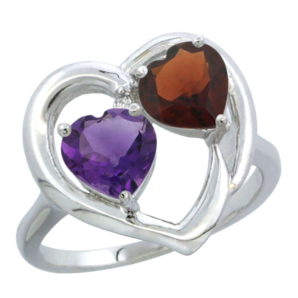 14K White Gold Diamond Two-stone Heart Ring 6mm Natural Amethyst &amp; Garnet, sizes 5-10