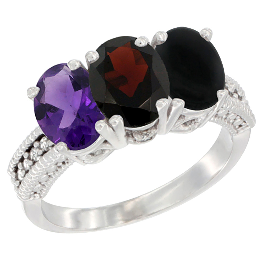 10K White Gold Natural Amethyst, Garnet & Black Onyx Ring 3-Stone Oval 7x5 mm Diamond Accent, sizes 5 - 10