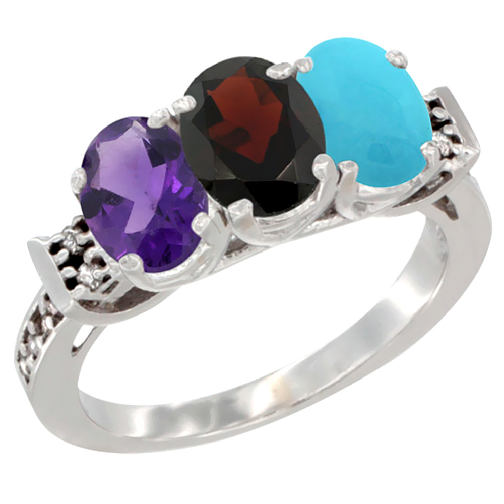 14K White Gold Natural Amethyst, Garnet &amp; Turquoise Ring 3-Stone 7x5 mm Oval Diamond Accent, sizes 5 - 10