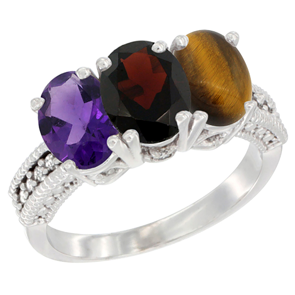 10K White Gold Natural Amethyst, Garnet &amp; Tiger Eye Ring 3-Stone Oval 7x5 mm Diamond Accent, sizes 5 - 10