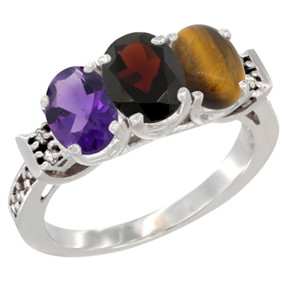 14K White Gold Natural Amethyst, Garnet & Tiger Eye Ring 3-Stone 7x5 mm Oval Diamond Accent, sizes 5 - 10