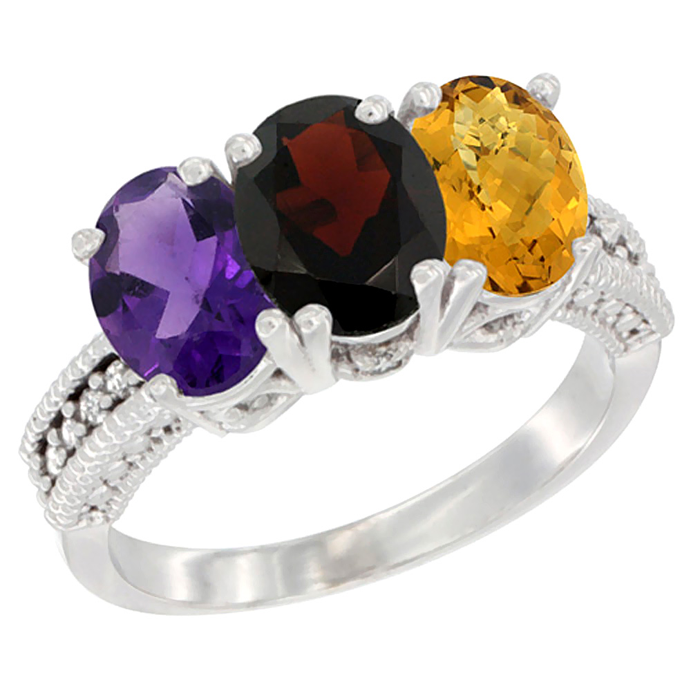 14K White Gold Natural Amethyst, Garnet & Whisky Quartz Ring 3-Stone 7x5 mm Oval Diamond Accent, sizes 5 - 10