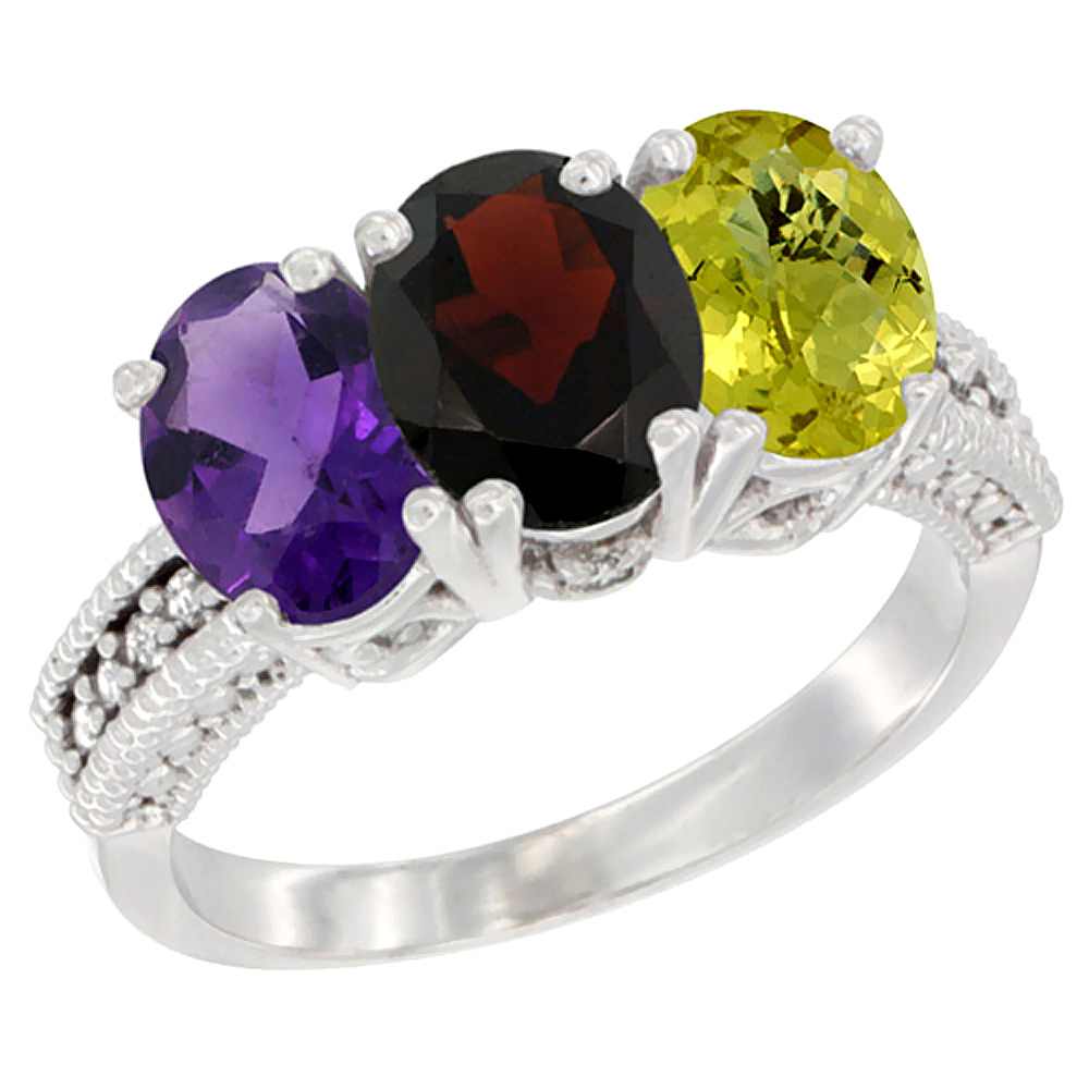 14K White Gold Natural Amethyst, Garnet & Lemon Quartz Ring 3-Stone 7x5 mm Oval Diamond Accent, sizes 5 - 10