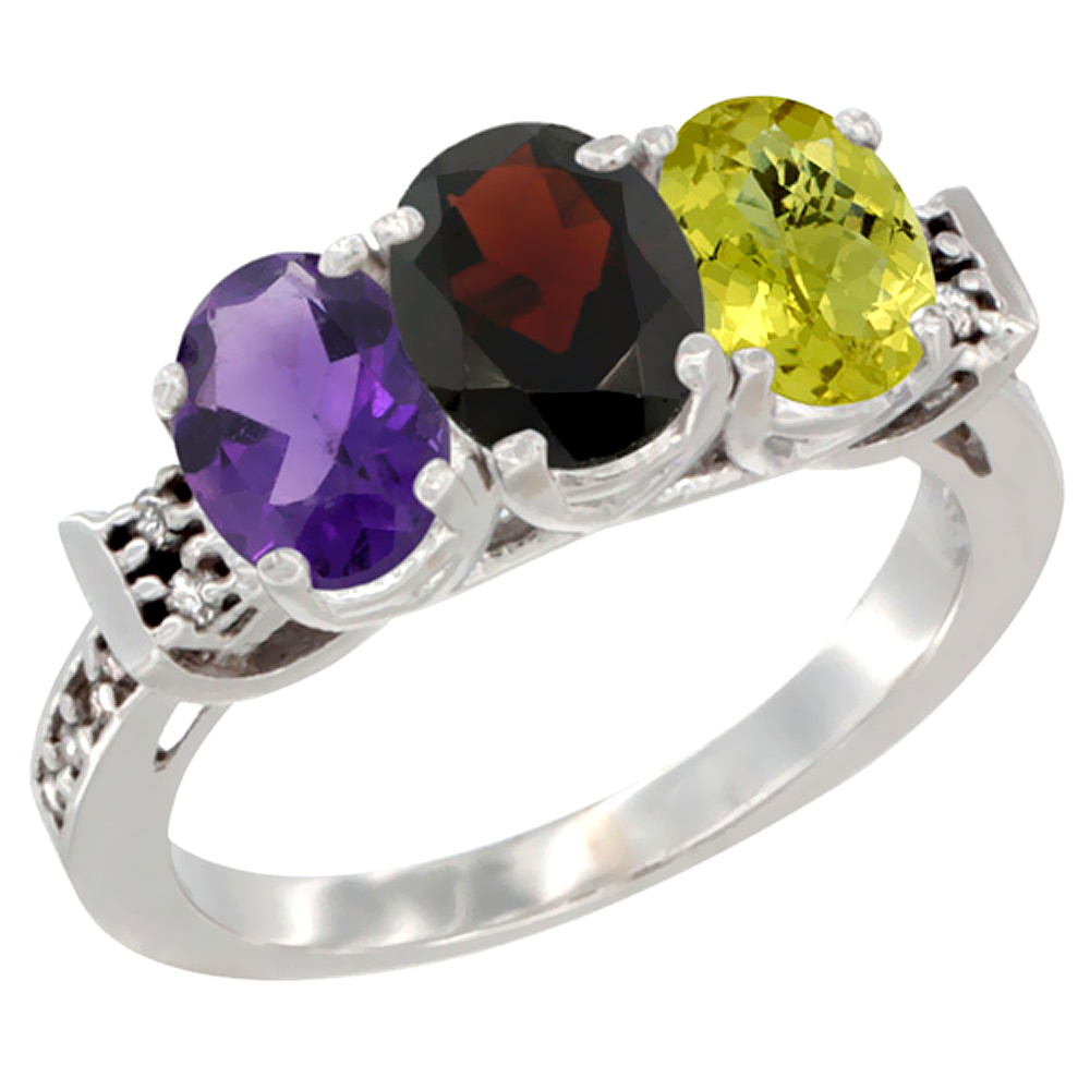 14K White Gold Natural Amethyst, Garnet & Lemon Quartz Ring 3-Stone 7x5 mm Oval Diamond Accent, sizes 5 - 10