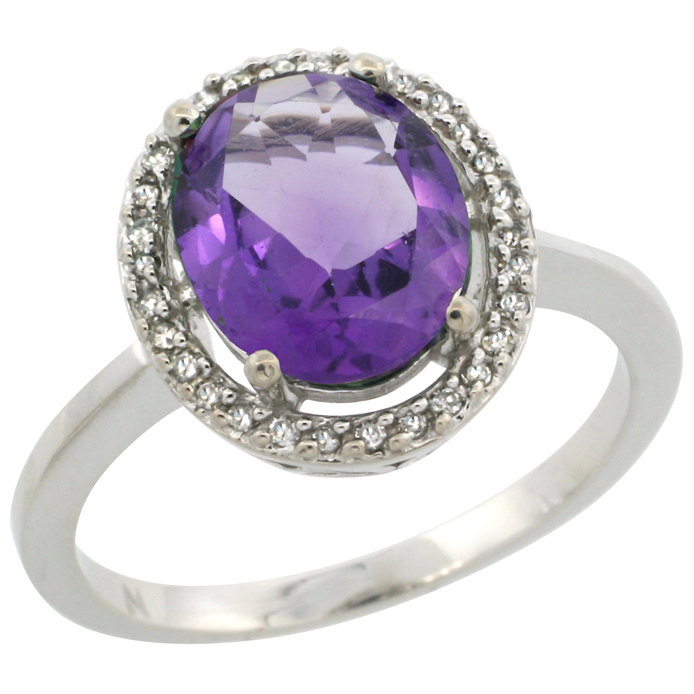 10K White Gold Diamond Halo Genuine Amethyst Engagement Ring Oval 10x8 mm sizes 5-10