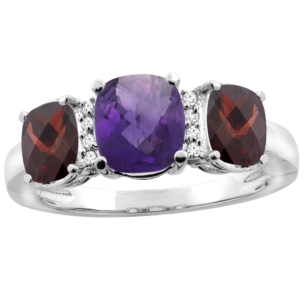 14K White Gold Natural Amethyst & Garnet 3-stone Ring Cushion 8x6mm Diamond Accent, sizes 5 - 10