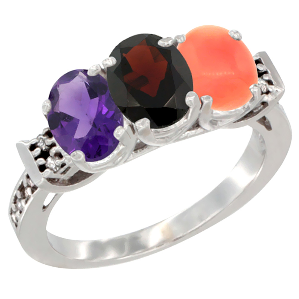 10K White Gold Natural Amethyst, Garnet & Coral Ring 3-Stone Oval 7x5 mm Diamond Accent, sizes 5 - 10