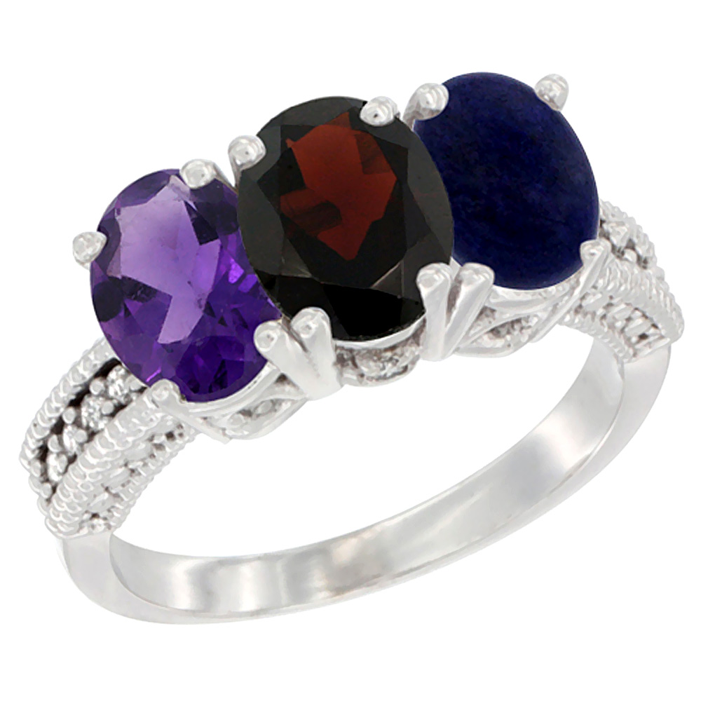 10K White Gold Natural Amethyst, Garnet & Lapis Ring 3-Stone Oval 7x5 mm Diamond Accent, sizes 5 - 10