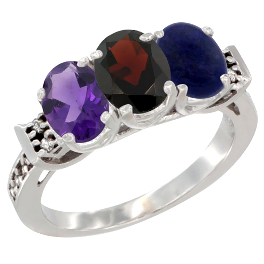 14K White Gold Natural Amethyst, Garnet & Lapis Ring 3-Stone 7x5 mm Oval Diamond Accent, sizes 5 - 10