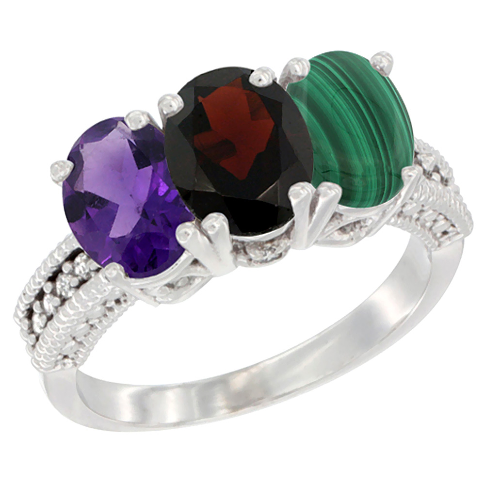 10K White Gold Natural Amethyst, Garnet &amp; Malachite Ring 3-Stone Oval 7x5 mm Diamond Accent, sizes 5 - 10